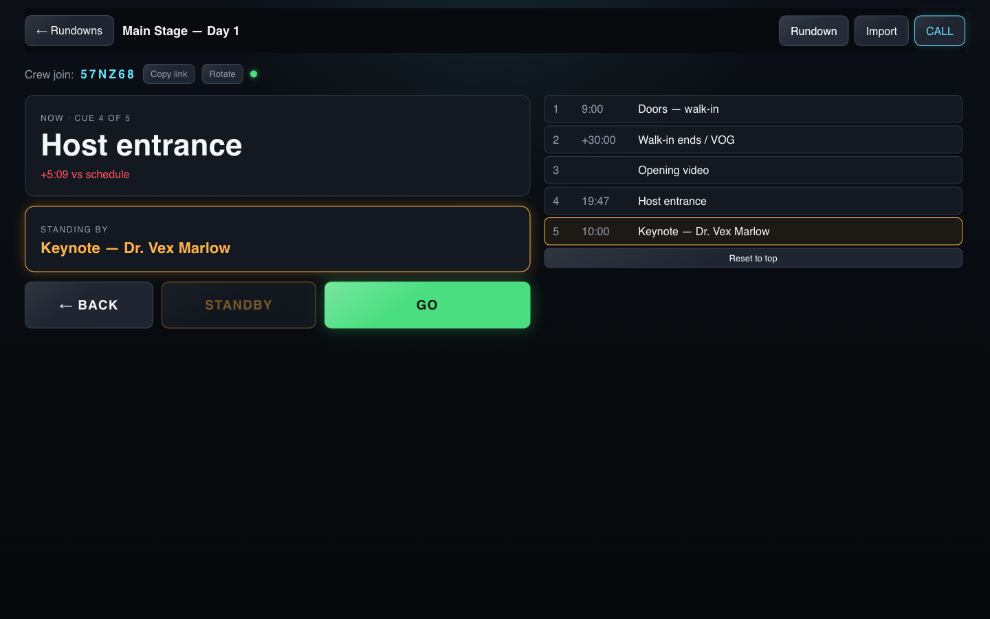CALL mode — cue 4 live, keynote standing by, +5:09 drift against schedule, GO under your thumb (DEMO.conf 2026 rundown)