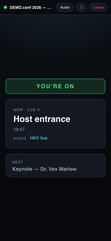 Crew view on a phone — locked to the live cue, YOU'RE ON when your column is up