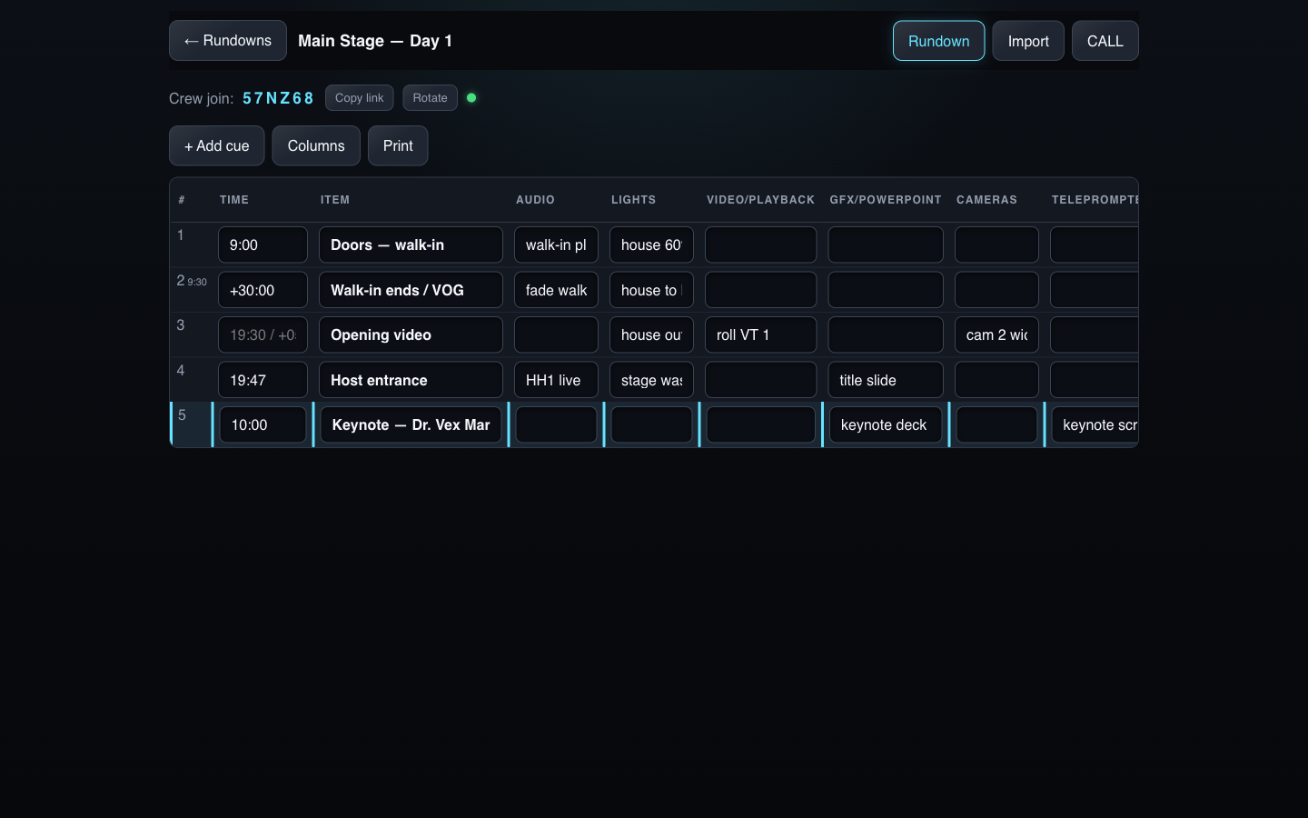 The rundown editor — department columns, hard times and chained offsets, import and print a click away